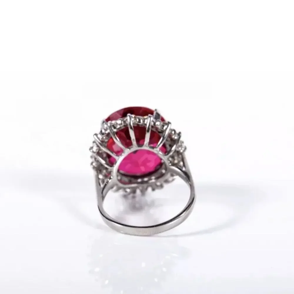 Sterling Synthetic Ruby & CZ Halo Cocktail Ring Size 6.5
